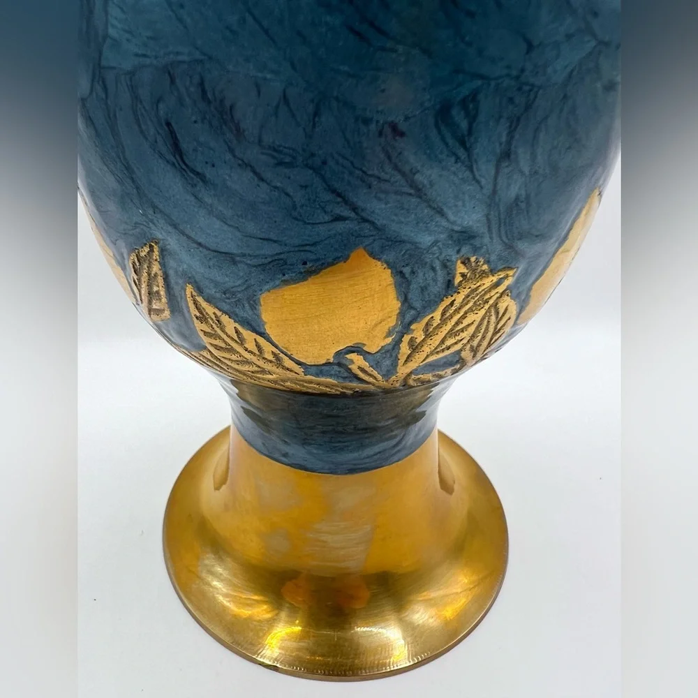 VTG Solid Brass Blue Enamel Vase Decorative India Hanging Leaves Fruits MCM 8.5